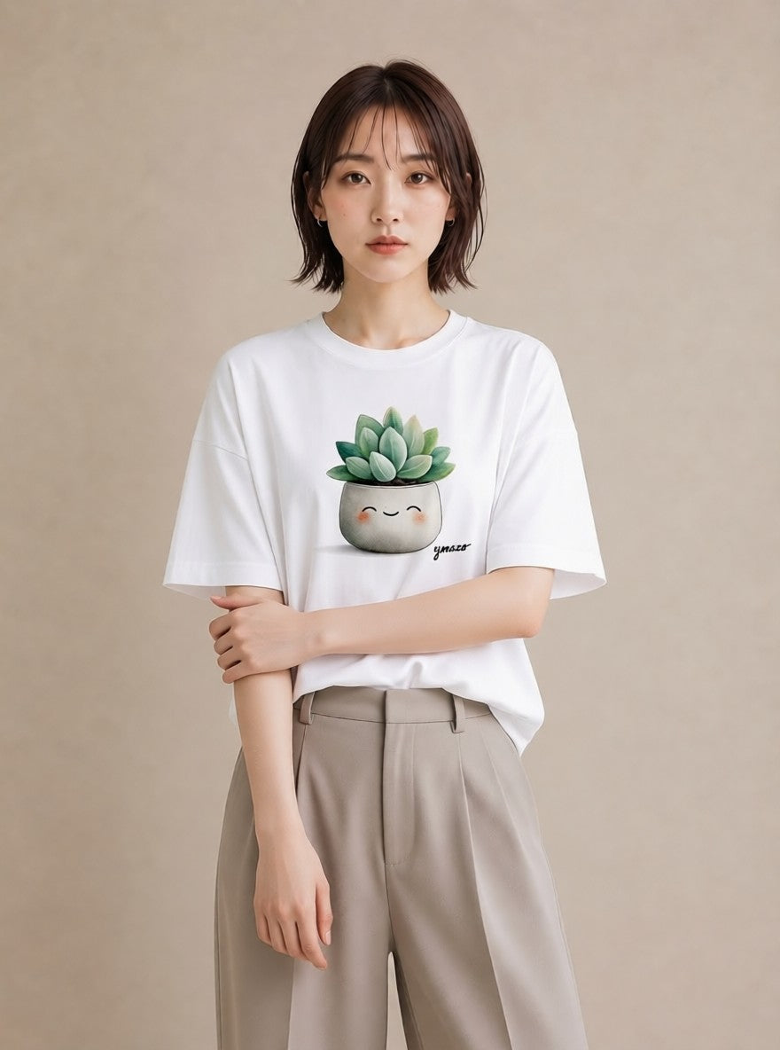 プリントTシャツ レディース 多肉植物 植物 ボタニカル イラスト 可愛い 社会人 女性 白T