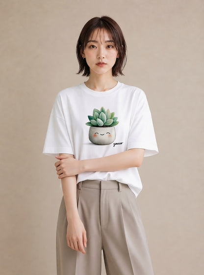 プリントTシャツ レディース 多肉植物 植物 ボタニカル イラスト 可愛い 社会人 女性 白T