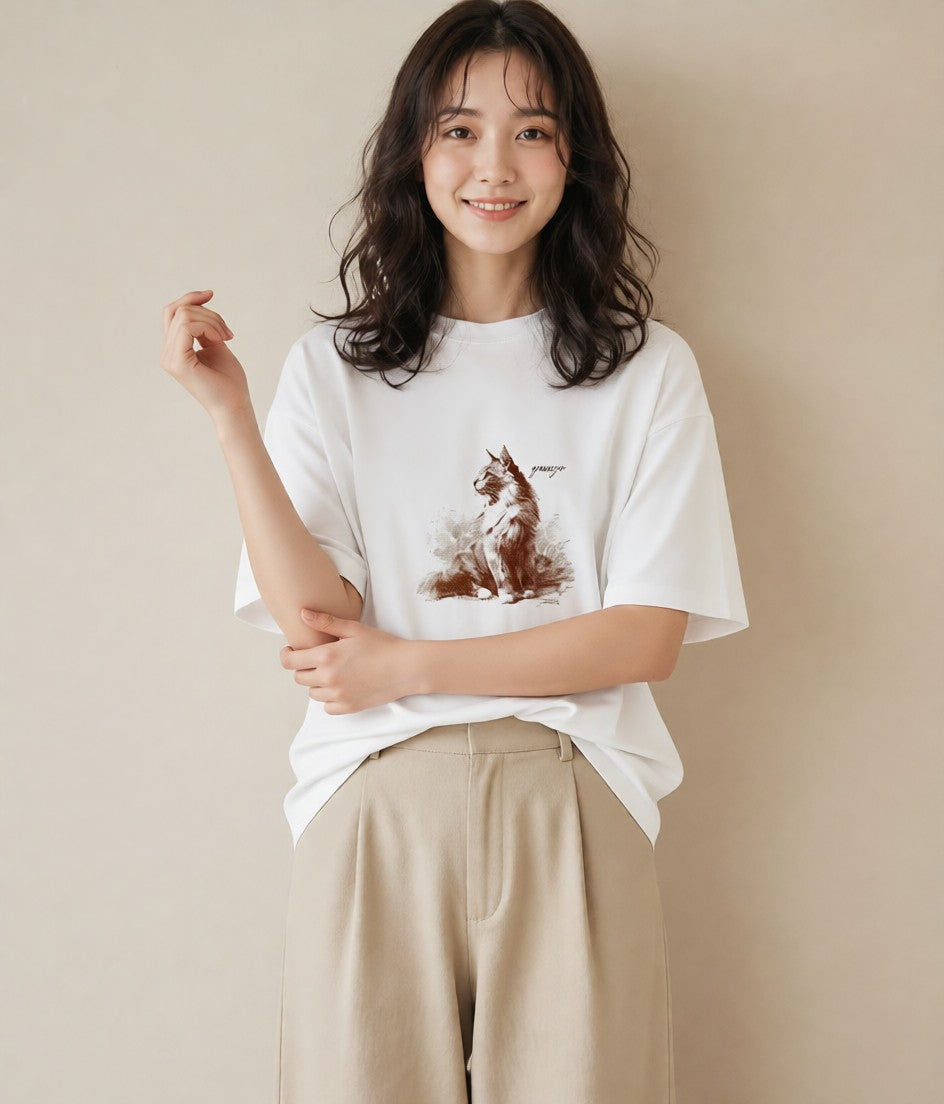 グラフィックTシャツ レディース ソマリ 猫 ねこ イラスト 水彩風 買い物 夏コーデ 白T