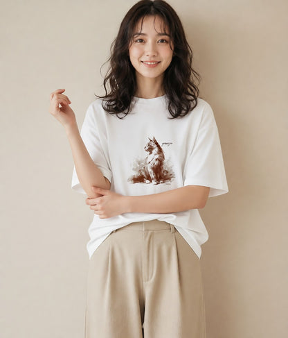 グラフィックTシャツ レディース ソマリ 猫 ねこ イラスト 水彩風 買い物 夏コーデ 白T
