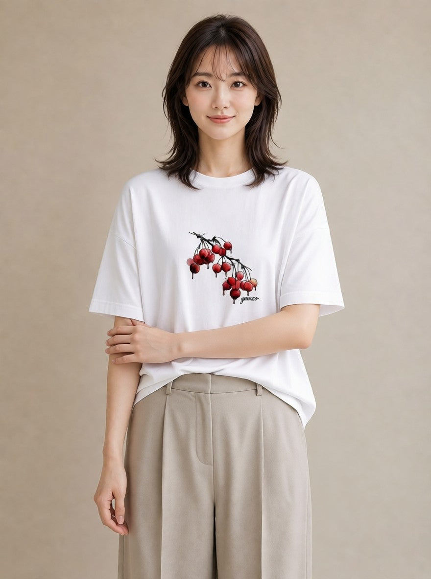 半袖Tシャツ レディース さくらんぼ チェリー 食べ物 フード イラスト 抜け感 友達ギフト 部屋着 白T