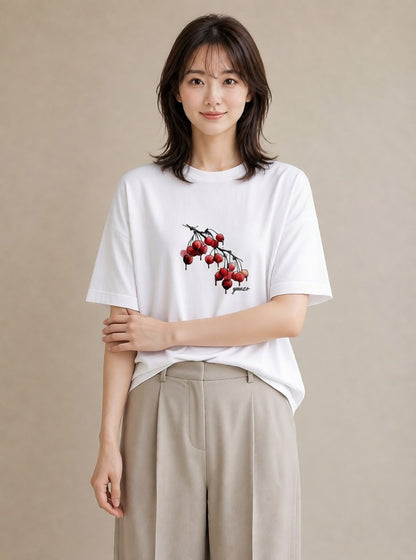半袖Tシャツ レディース さくらんぼ チェリー 食べ物 フード イラスト 抜け感 友達ギフト 部屋着 白T