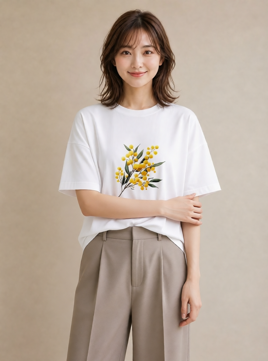 半袖Tシャツ レディース ミモザ 花 花柄 イラスト レトロ 誕生日プレゼント 綿100 白T