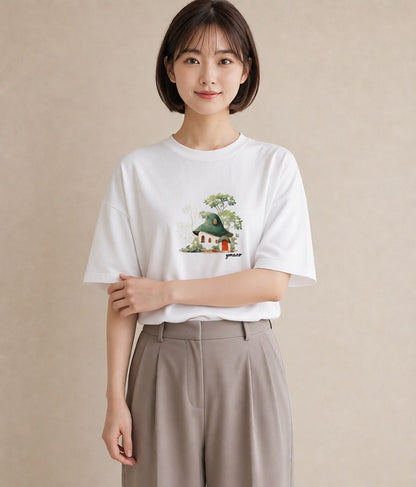 デザインTシャツ レディース 湖畔の小屋 湖 小屋 ナチュラル アンティーク イラスト ガーリー 海 カフェ巡り 白T