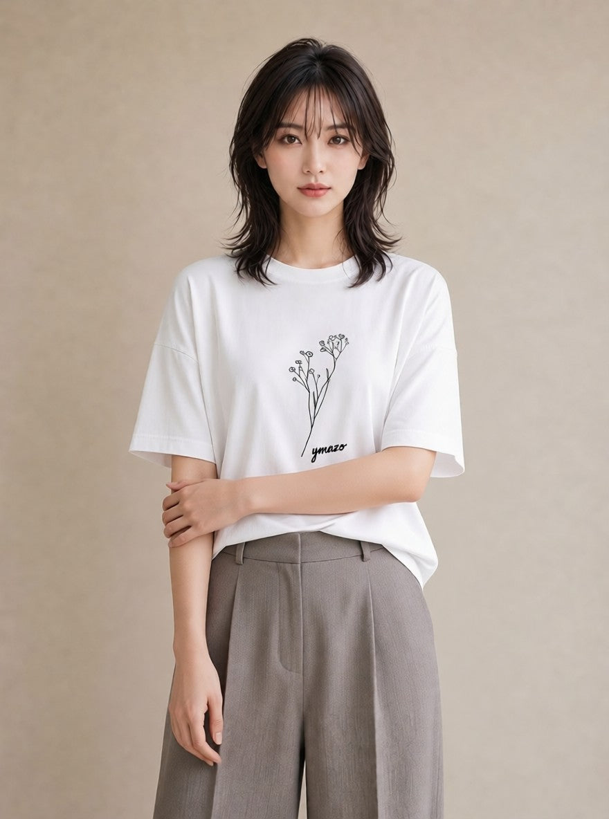 半袖Tシャツ レディース 小花 花 フラワー イラスト ポップ ミセス 春コーデ 白T