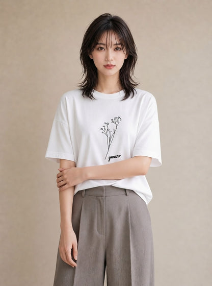 半袖Tシャツ レディース 小花 花 フラワー イラスト ポップ ミセス 春コーデ 白T