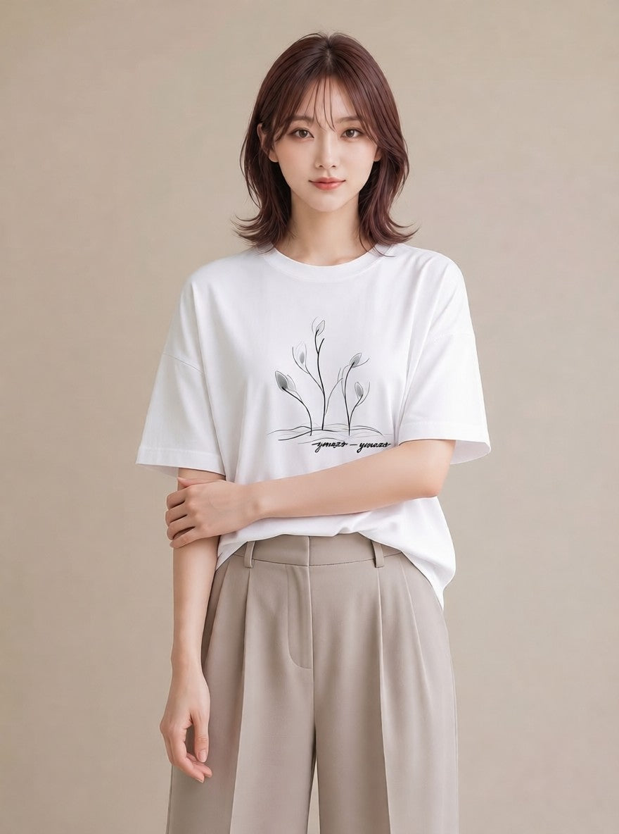 半袖Tシャツ レディース 観葉植物 ボタニカル 植物 イラスト ミニマル 自分用 ルームウェア 白T