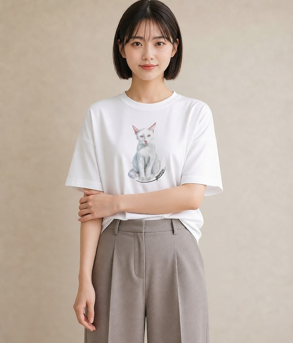 プリントTシャツ レディース 三毛猫 みけねこ 三毛 猫 ねこ イラスト ラフ デート 帰省 白T