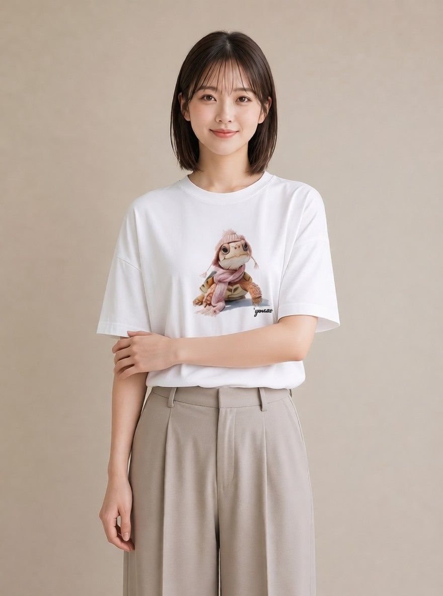 半袖Tシャツ レディース ゼニガメ ペット 動物 イラスト ラフ 20代 カジュアルコーデ 白T