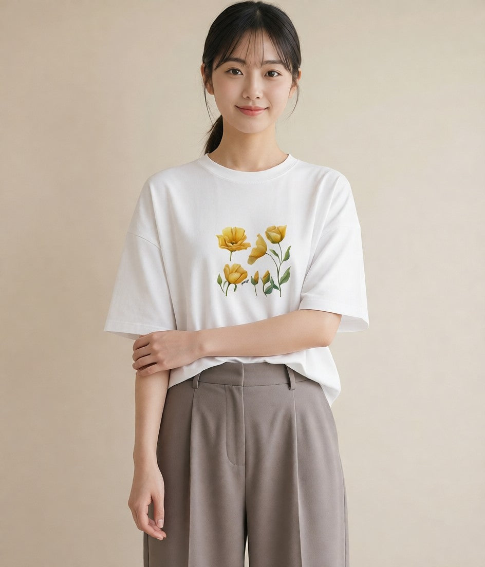 Tシャツ レディース チューリップ 花 花柄 イラスト ゆるコーデ ラフ レイヤード 白T