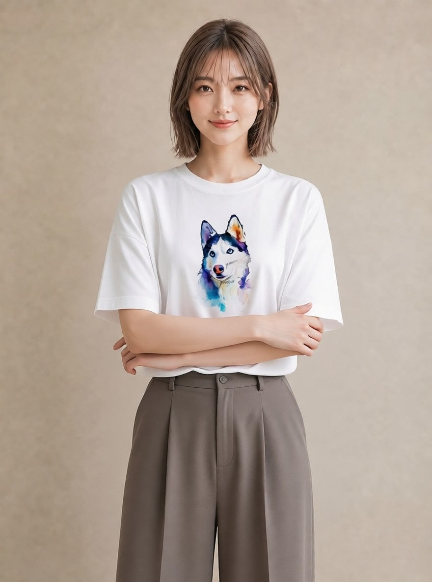 プリントTシャツ レディース シベリアンハスキー 犬 いぬ イラスト きれいめ 女子会 お揃い 白T