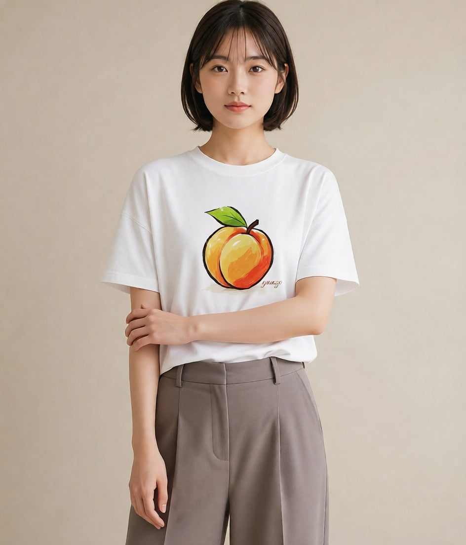 半袖Tシャツ レディース りんご 林檎 アップル 食べ物 フード イラスト ニュアンス 自分用 ルームウェア 白T