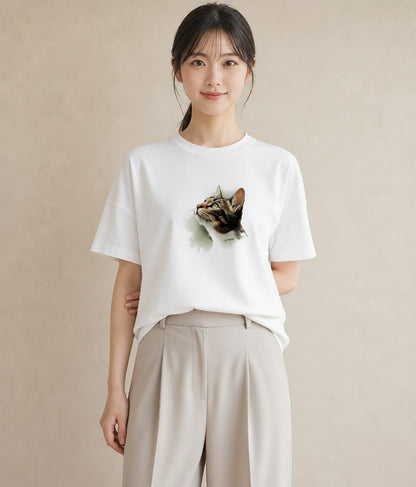 グラフィックTシャツ レディース ぶち猫 猫 ねこ イラスト アート風 女性向けギフト 散歩 白T