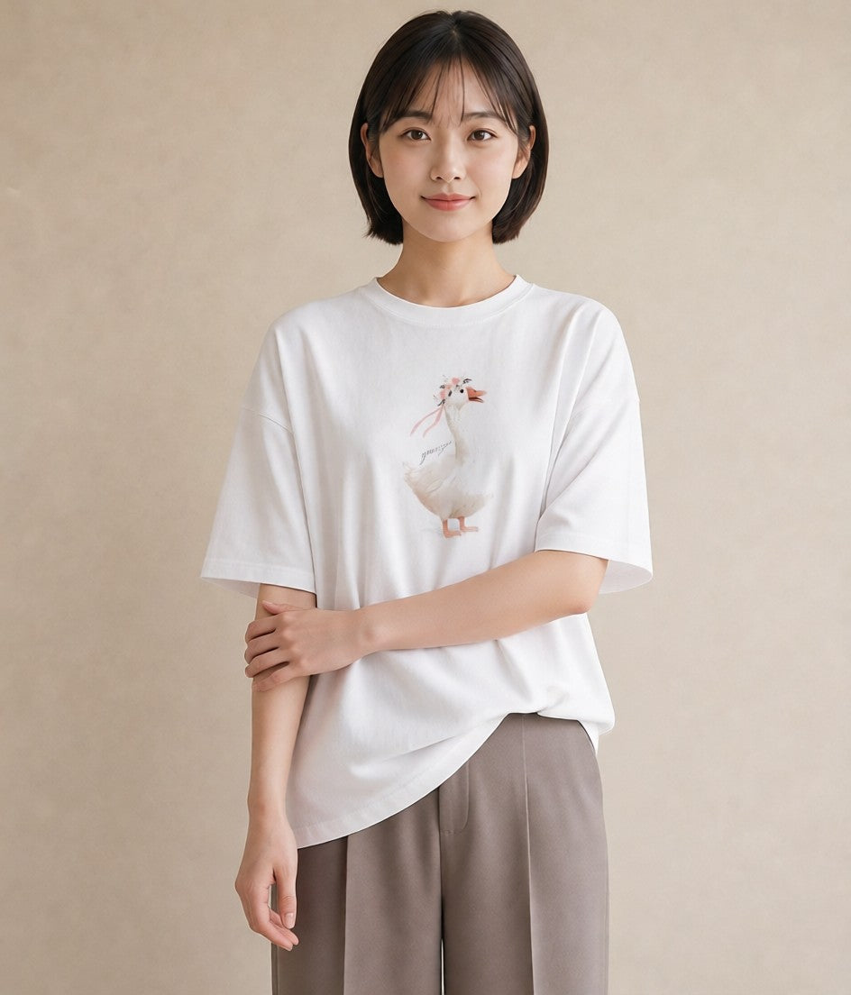 デザインTシャツ レディース アヒル 動物 アニマル イラスト 綿100 デート 白T