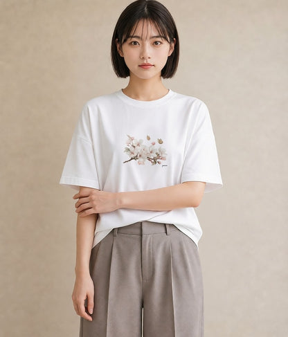 Tシャツ レディース 梅 花 花柄 イラスト ラフカジュアル 女性向けギフト 散歩 白T