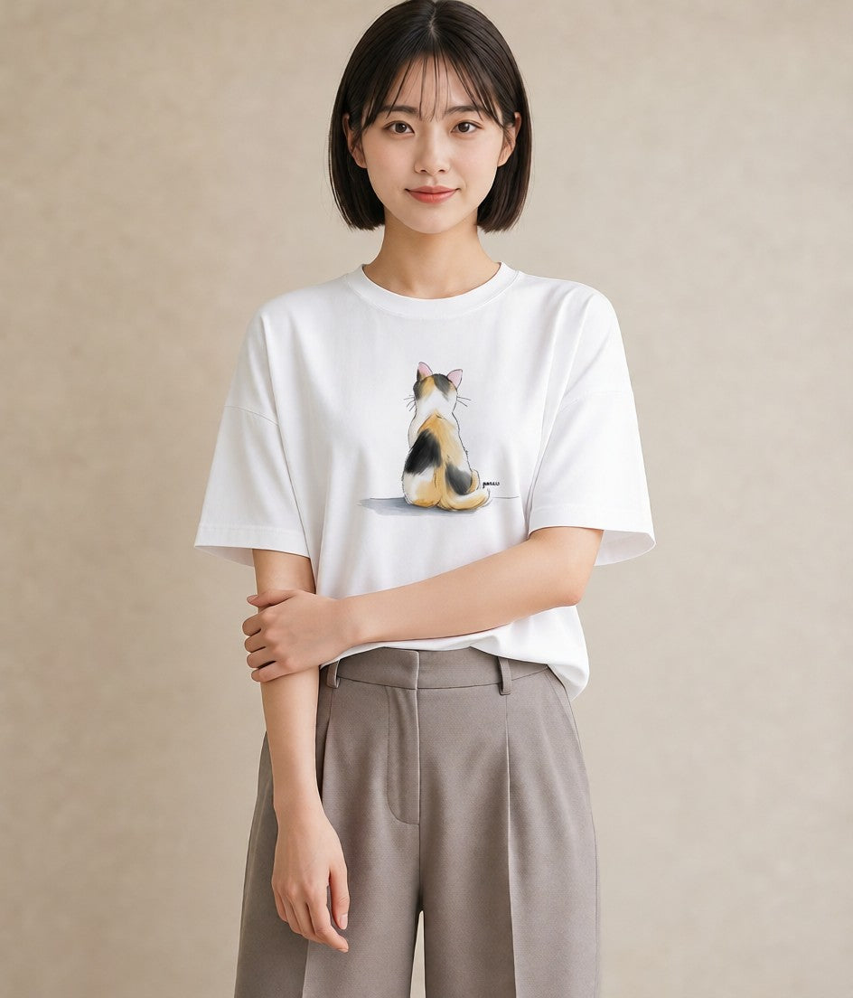 半袖Tシャツ レディース 茶トラ 茶猫 猫 ねこ イラスト 淡色 ルームウェア ギフト 白T