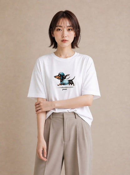 グラフィックTシャツ レディース ミニチュアダックスフンド 犬 いぬ イラスト シンプル 女性 旅行用 白T