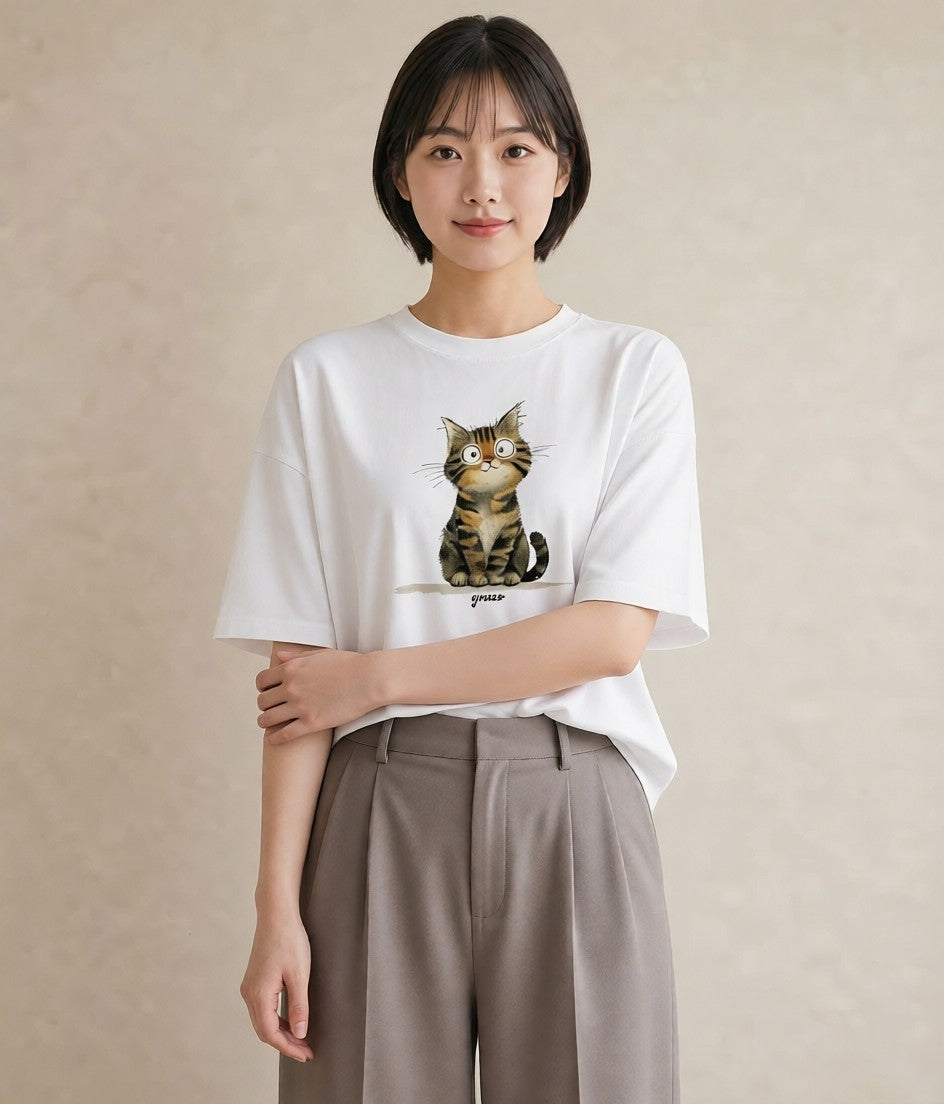 半袖Tシャツ レディース 猫好き 猫 ねこ イラスト モード 敬老の日 ホワイトデー 白T