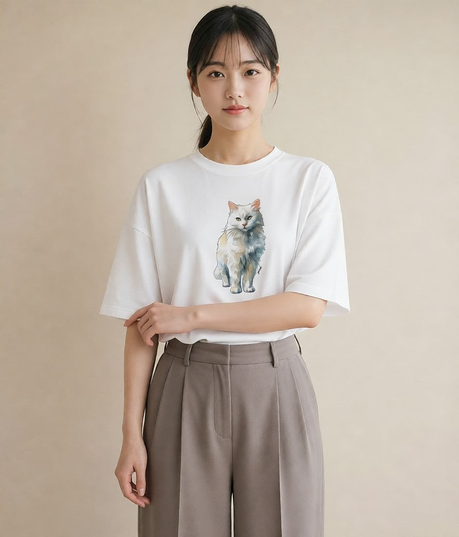 グラフィックTシャツ レディース おすわり猫 猫 ねこ イラスト シンプル レイヤード 友達ギフト 白T