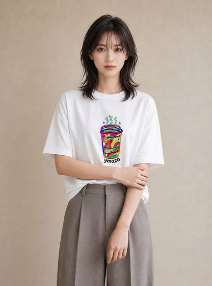 デザインTシャツ レディース カフェオレ 食べ物 フード イラスト カフェコーデ 週末コーデ 敬老の日 白T