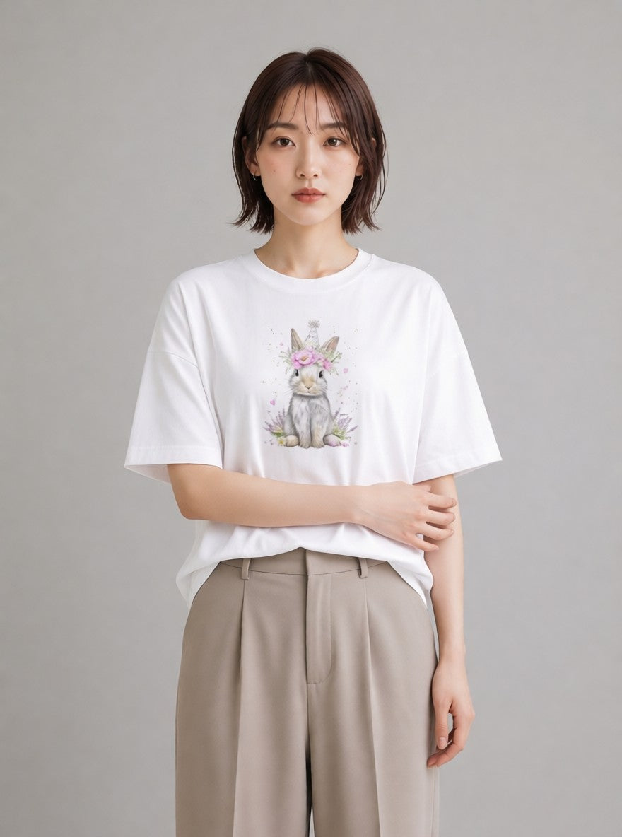 半袖Tシャツ レディース ライオンラビット ペット 動物 イラスト シック 自分用 ルームウェア 白T