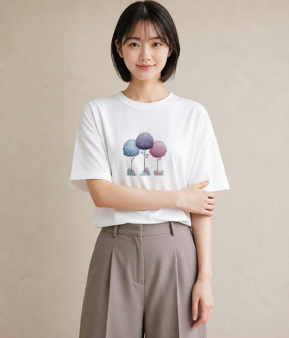 プリントTシャツ レディース 森 植物 ボタニカル イラスト 個性的 春服 ミセス 白T