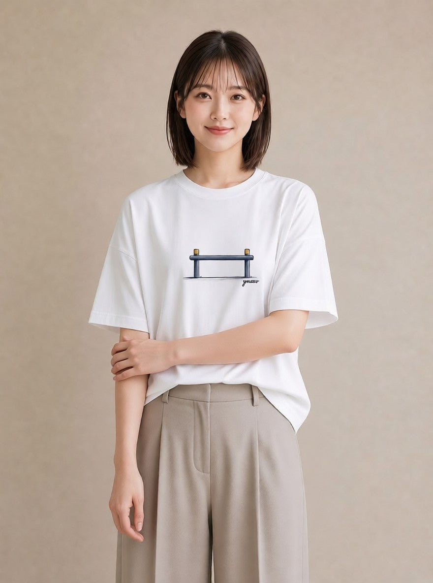 Tシャツ レディース 小川 橋 せせらぎ ナチュラル アンティーク イラスト ポップ ラフ レイヤード 白T