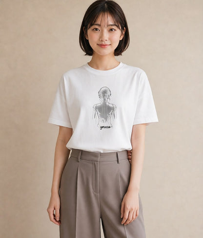 半袖Tシャツ レディース 女の子 ガール 後ろ姿 イラスト ヴィンテージ風 買い物 夏コーデ 白T