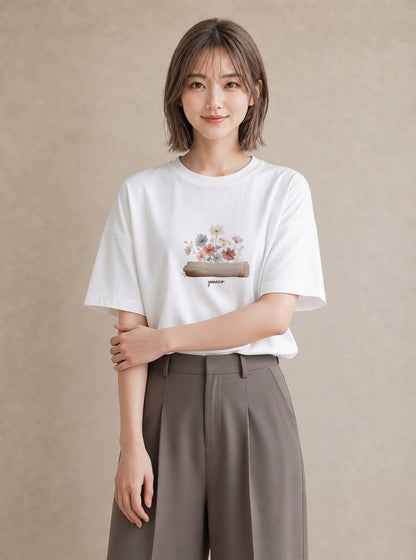 半袖Tシャツ レディース 小川 橋 せせらぎ ナチュラル アンティーク イラスト ミニマル デート 帰省 白T