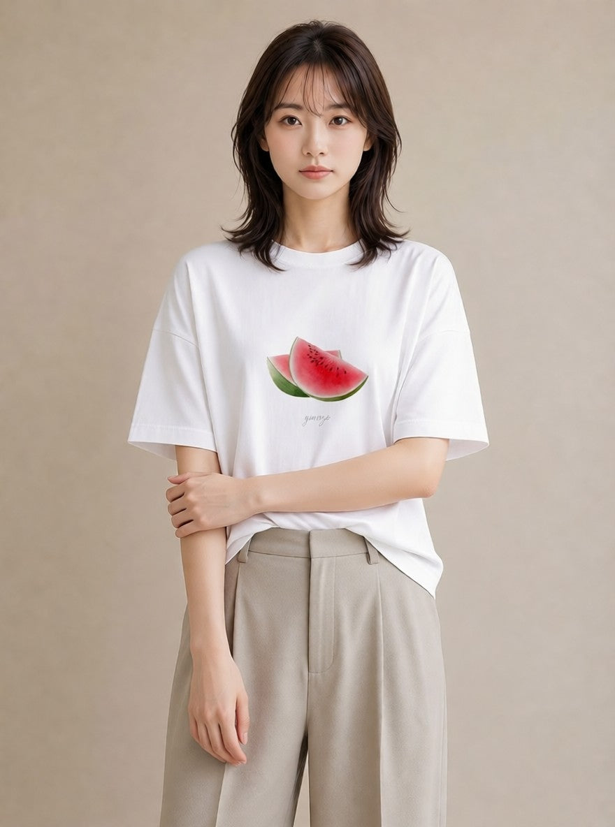 Tシャツ レディース メロン 食べ物 フード イラスト 北欧風 部屋着 女性向けギフト 白T