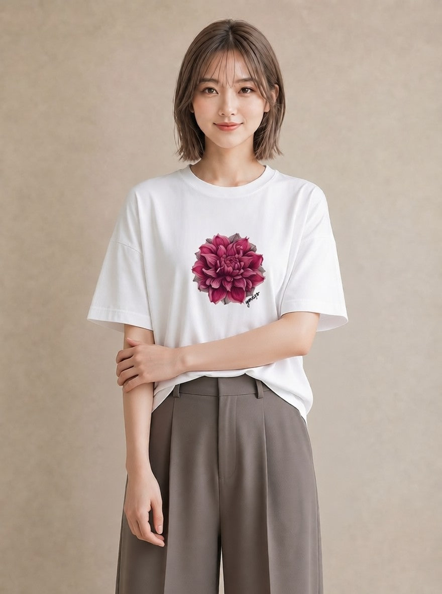 半袖Tシャツ レディース 牡丹 花 花柄 イラスト 休日コーデ 社会人 女性 白T