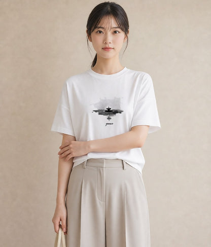 グラフィックTシャツ レディース 傘 水たまり 雨 ナチュラル アンティーク イラスト ポップ お揃い 親子 白T