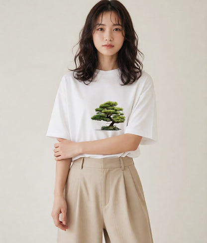 グラフィックTシャツ レディース 盆栽 植物 ボタニカル イラスト シンプル 友達ギフト 部屋着 白T