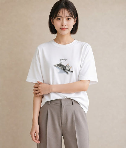 プリントTシャツ レディース ベンガル 猫 ねこ イラスト ゆるかわ 海 カフェ巡り 白T