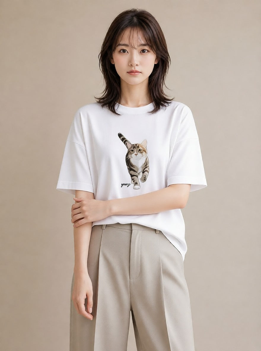 半袖Tシャツ レディース アメリカンショートヘア 猫 ねこ イラスト きれいめ 帰省 ラフ 白T