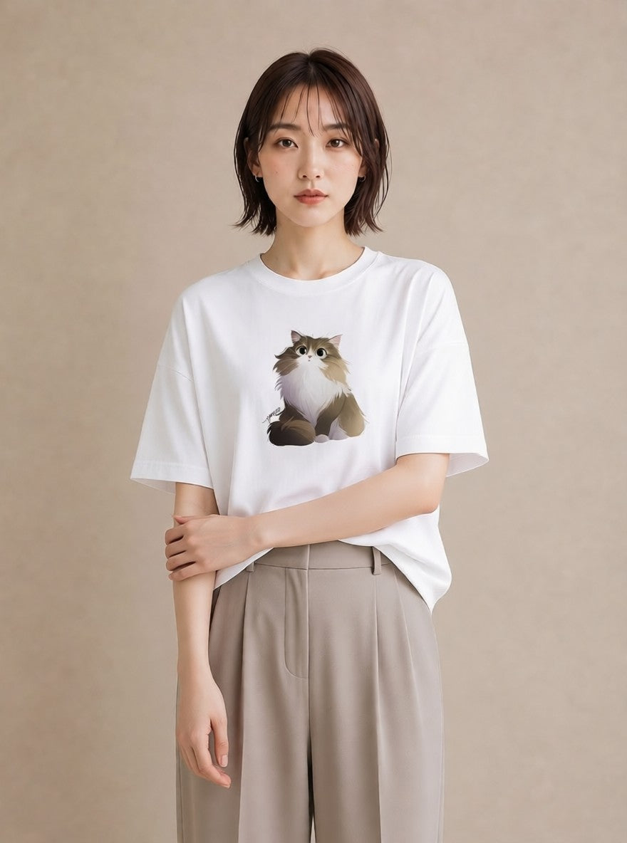 Tシャツ レディース メインクーン 猫 ねこ イラスト 韓国風 秋コーデ おしゃれギフト 白T