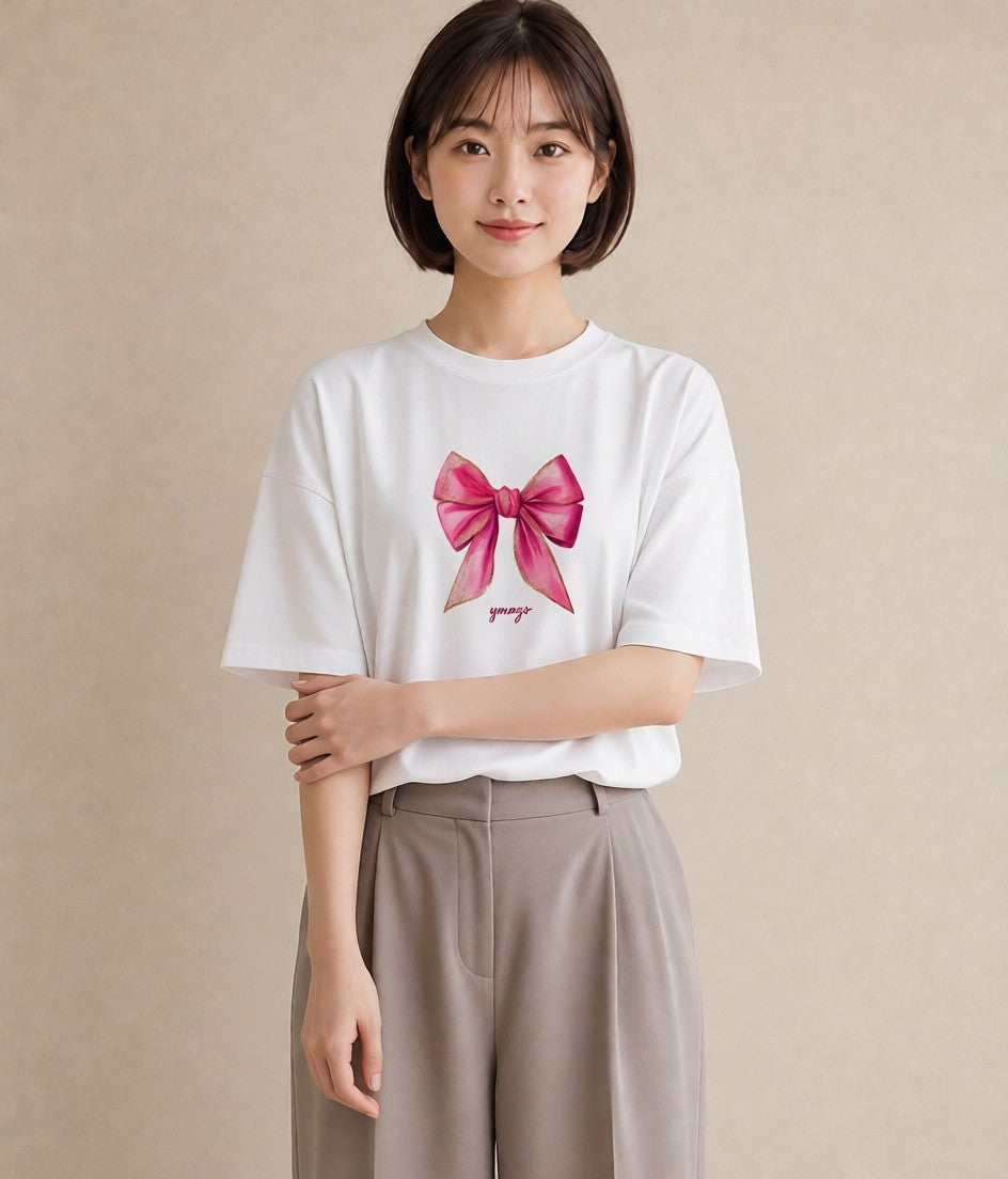 グラフィックTシャツ レディース リボン 蝶結び ナチュラル アンティーク イラスト 淡色 レイヤード 友達ギフト 白T
