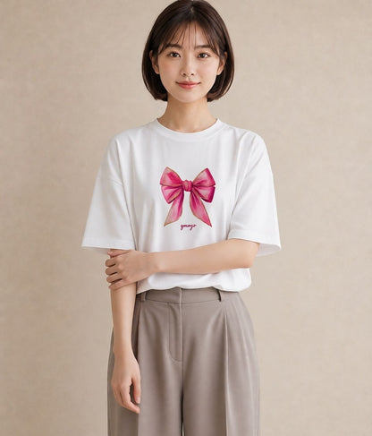 グラフィックTシャツ レディース リボン 蝶結び ナチュラル アンティーク イラスト 淡色 レイヤード 友達ギフト 白T