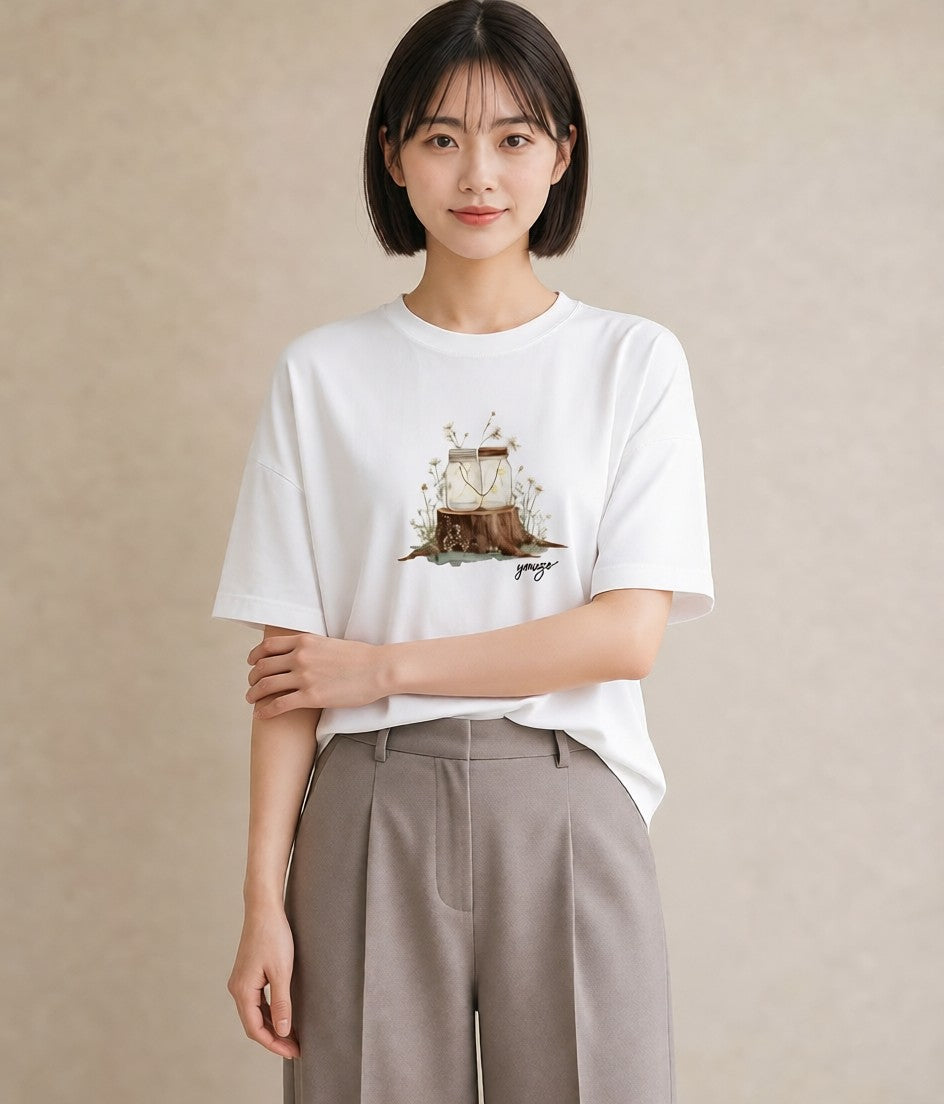 グラフィックTシャツ レディース 街灯 夜霧 夜 ナチュラル アンティーク イラスト ニュアンス 女性 旅行用 白T
