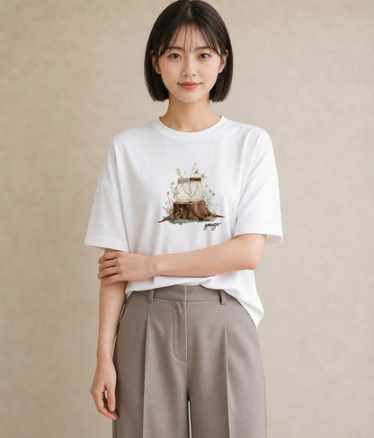 グラフィックTシャツ レディース 街灯 夜霧 夜 ナチュラル アンティーク イラスト ニュアンス 女性 旅行用 白T