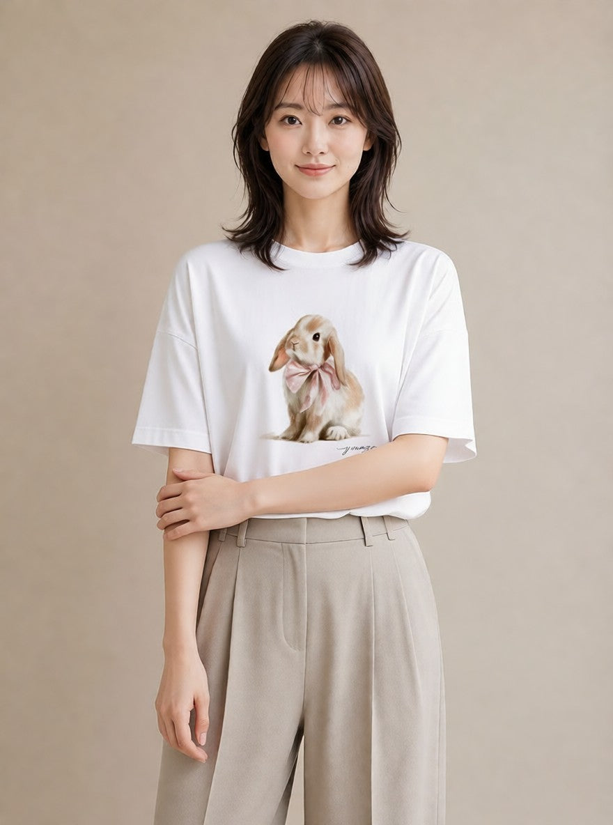 Tシャツ レディース ミニうさぎ ペット 動物 イラスト 普段使い 敬老の日 ホワイトデー 白T