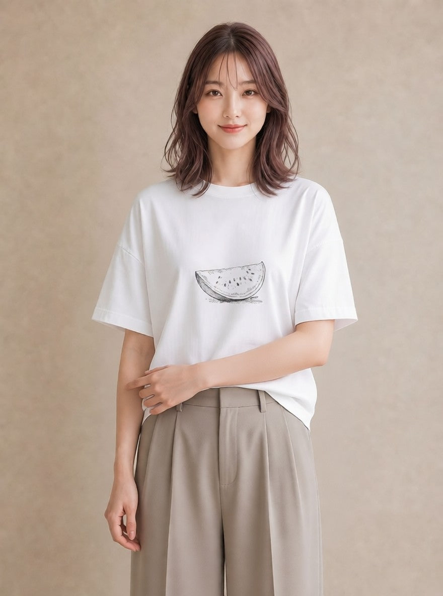 Tシャツ レディース メロン 食べ物 フード イラスト ニュアンス 母の日 ビーチ 白T
