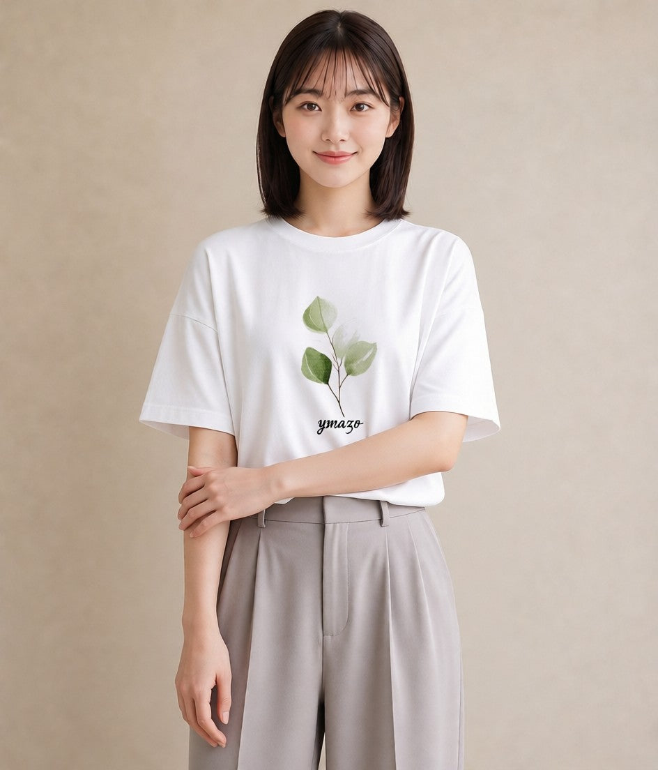 半袖Tシャツ レディース 新緑 植物 ボタニカル イラスト 韓国風 女子会 お揃い 白T