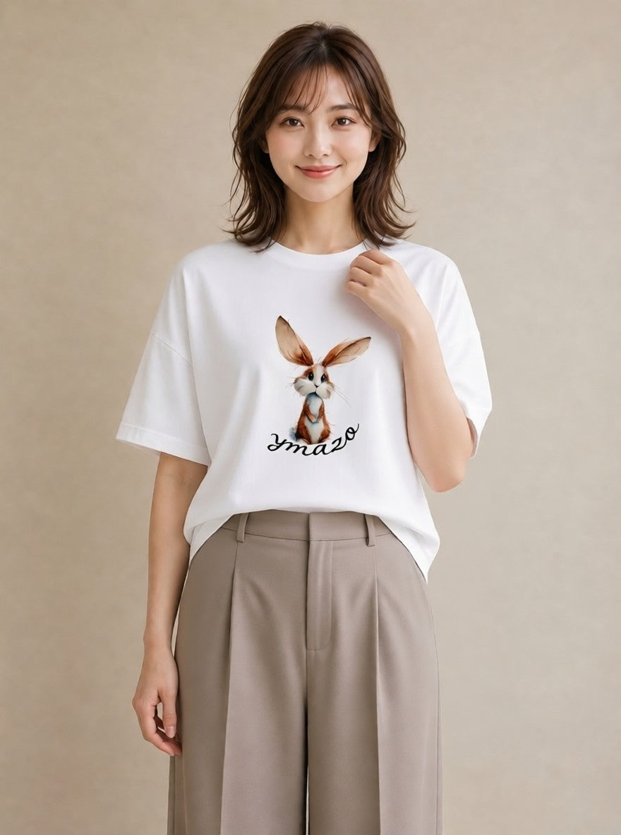 Tシャツ レディース ロップイヤー ペット 動物 イラスト アート風 ビーチ デイリーウェア 白T