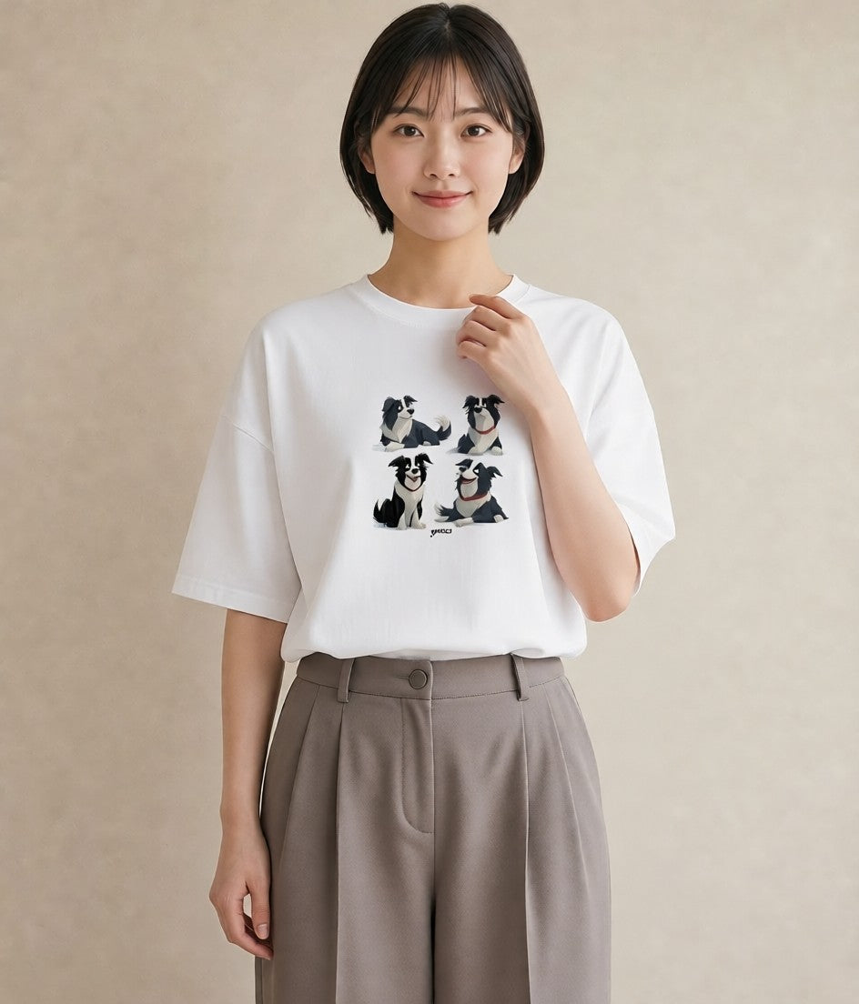 グラフィックTシャツ レディース ボーダーコリー 犬 いぬ イラスト 北欧風 カフェ服 クリスマス 白T