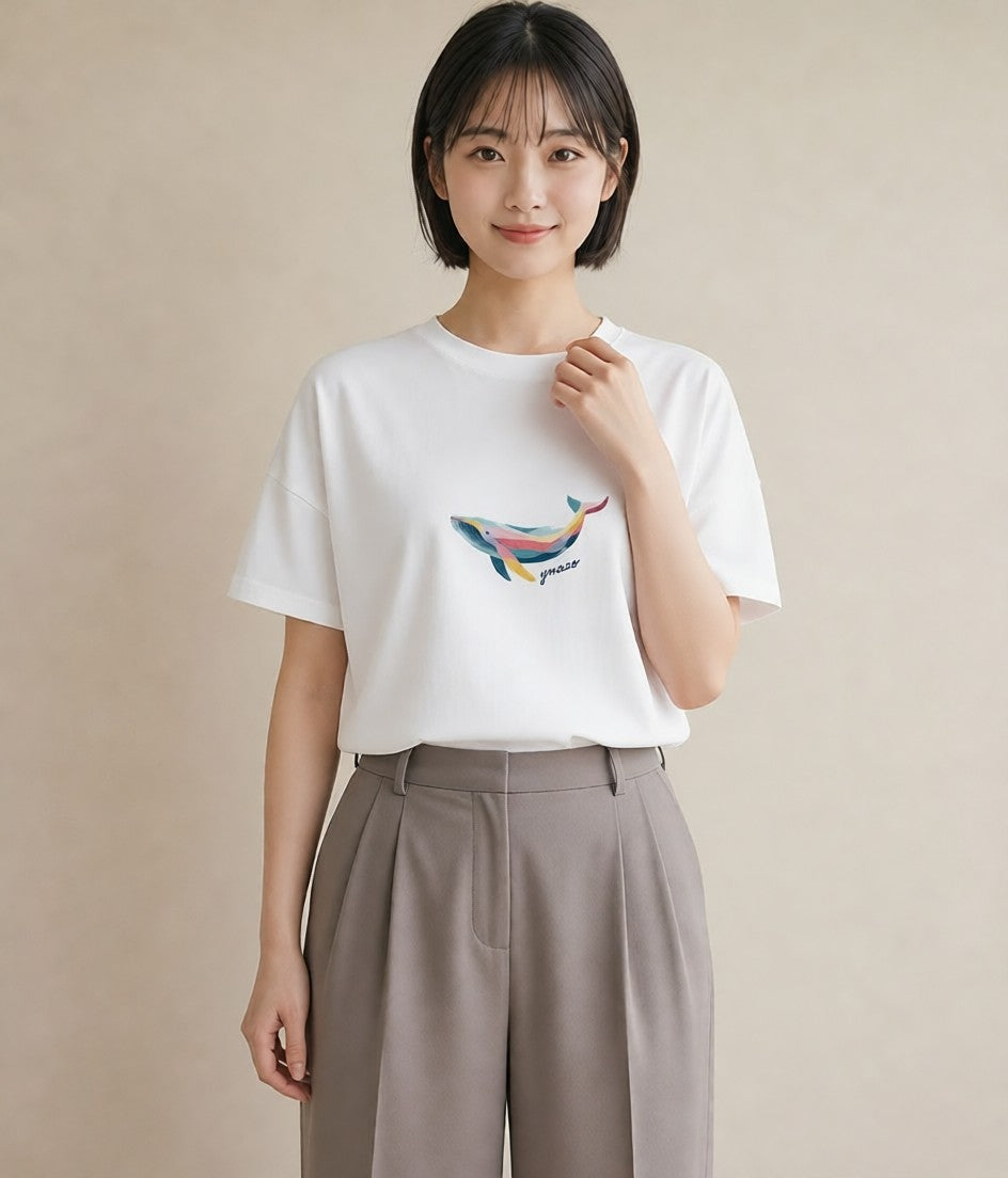 半袖Tシャツ レディース クジラ 海の生き物 海 イラスト 水彩風 休日 ペアコーデ 白T