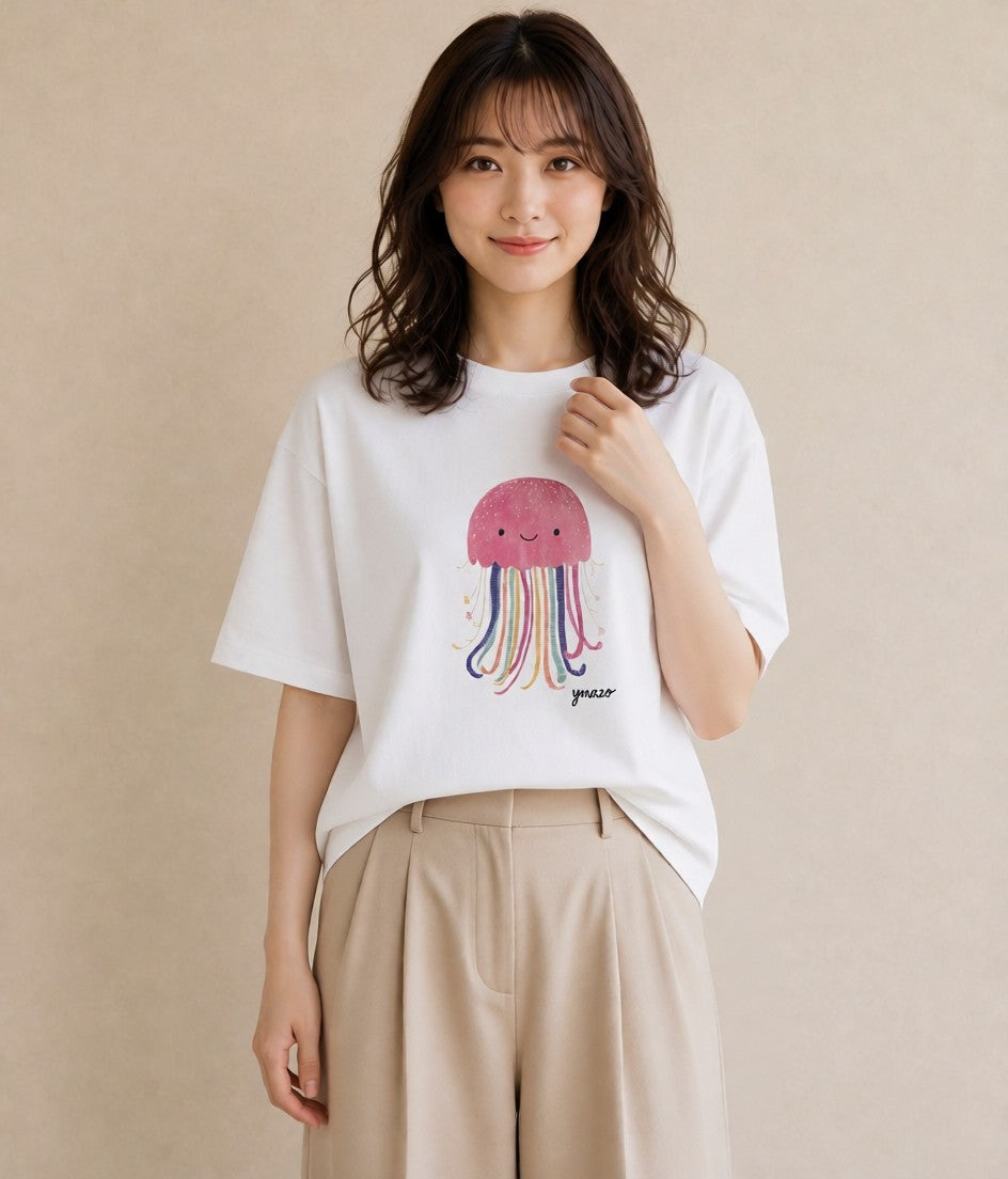 デザインTシャツ レディース くらげ クラゲ 海の生き物 海 イラスト 普段使い ミセス 春コーデ 白T