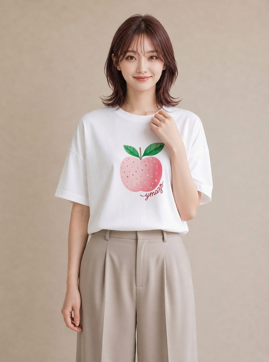 プリントTシャツ レディース もも 食べ物 フード イラスト フェミニン ラフ レイヤード 白T