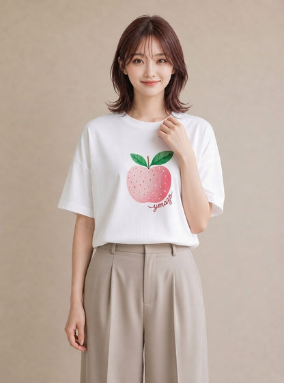 プリントTシャツ レディース もも 食べ物 フード イラスト フェミニン ラフ レイヤード 白T