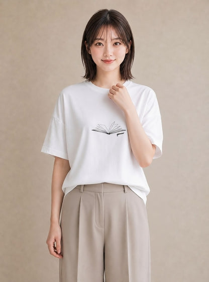 Tシャツ レディース 本 読書 ブック イラスト ゆるかわ お揃い 親子 白T